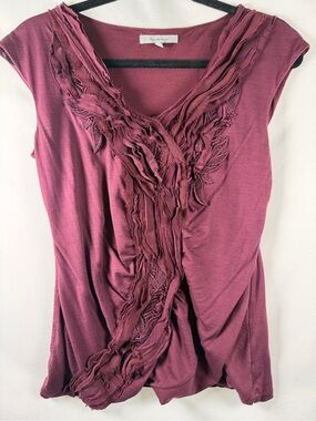 Classiques Entier Burgundy Ruffle Lace V-Neck Top Size M